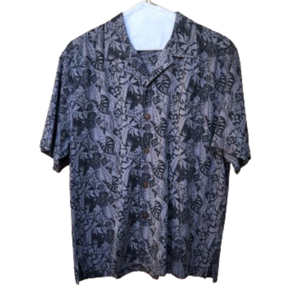 Tommy Bahama 100% Silk Gray Floral Print Button-Up Shirt Short Sleeves